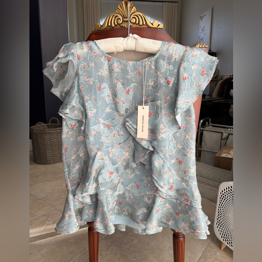 Rebecca Taylor Floral Ruffle Blouse - Light Blue